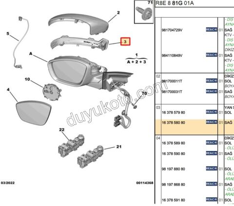 Peugeot 508 Ayna Sinyali Sağ 2019/2023