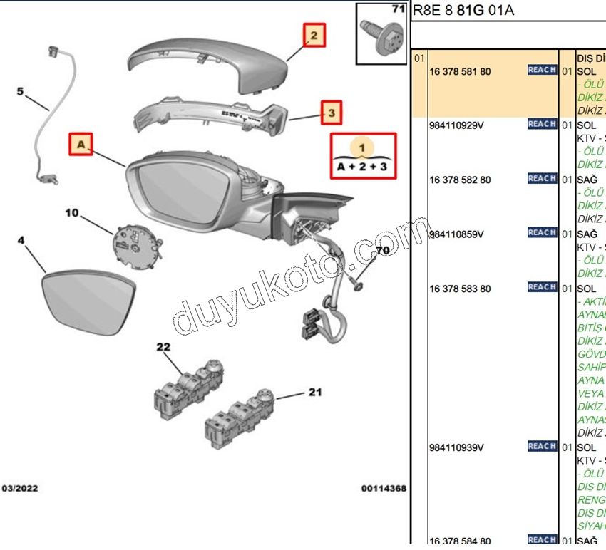 Peugeot 508 Dikiz Aynası Sol ALURE PRIME 2019/2023