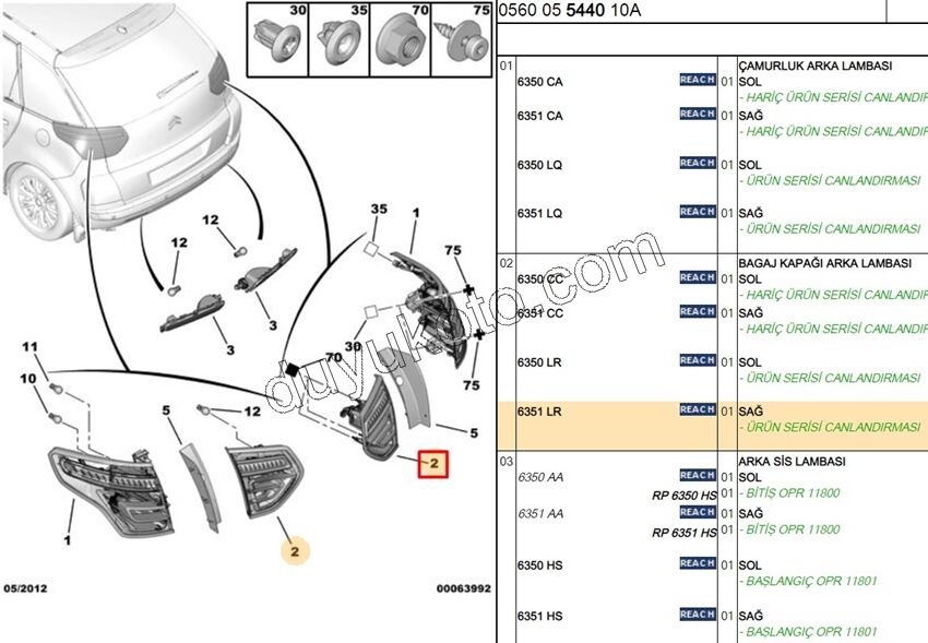 Citroen C4 Picasso Stop Lambası Sağ İç (Bagaj Kapağı) 2007/2013