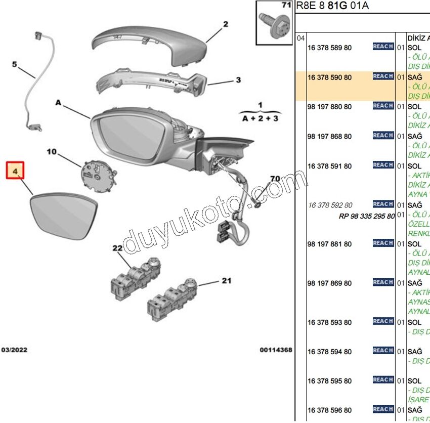 Peugeot 508 Dikiz Ayna Camı Sağ 2019/2023