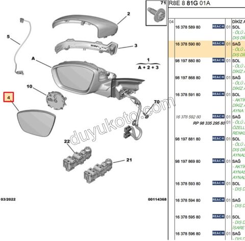Peugeot 508 Dikiz Ayna Camı Sağ 2019/2023