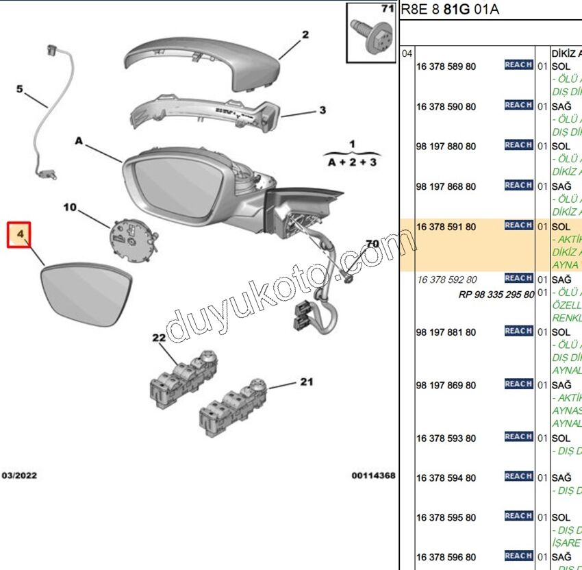 Peugeot 508 Dikiz Ayna Camı Sol 2019/2023