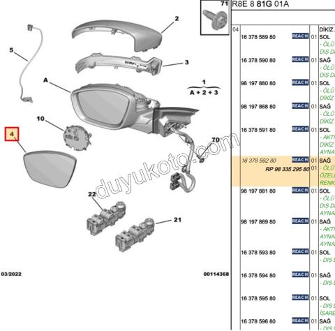 Peugeot 508 Dikiz Ayna Camı Sağ 2019/2023