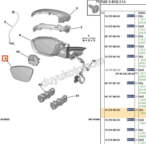 Peugeot 508 Dikiz Ayna Camı Sol 2019/2023