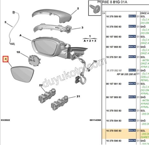 Peugeot 508 Dikiz Ayna Camı Sol 2019/2023