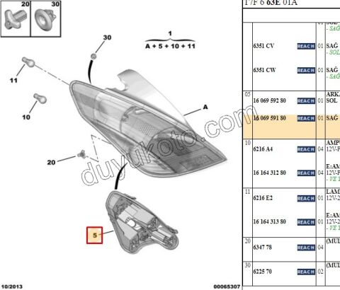 Peugeot 308 Stop Lambası Devre Sacı (Duy) Sağ 2008/2011