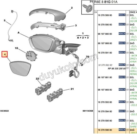 Peugeot 508 Dikiz Ayna Camı Sağ 2019/2023