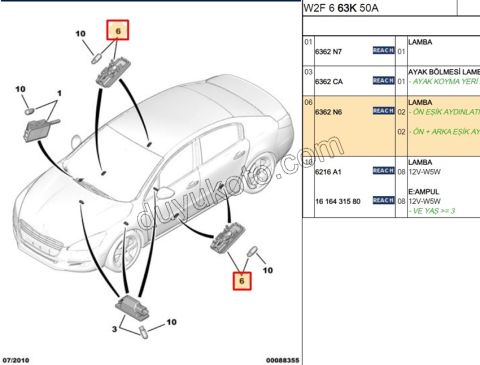 Peugeot 206 207 307 308 3008 5008 Expert Citroen Jumpy Fiat Scudo Kapı Altı ve Torpido Aydınlatma Lambası 1998/2016