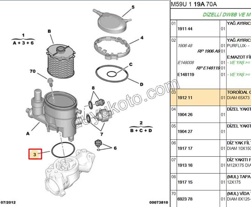 Mazot Filtresi Kütüğünün Alt Contası 1.9D, 98/03 PRT1 PRT2
