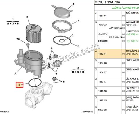 Mazot Filtresi Kütüğünün Alt Contası 1.9D, 98/03 PRT1 PRT2