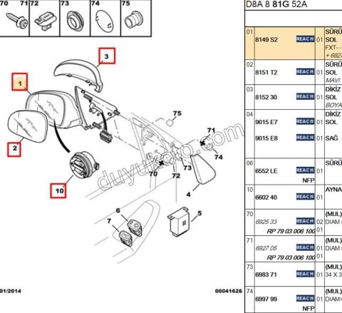 Peugeot 406 Dikiz Aynası Sol Elektirikli ISI+ MAVICAM+ Kapak Astarlı 5PIN 1995/1999