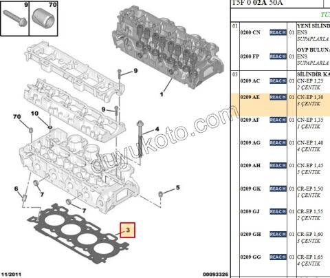 Silindir Kapak Contası 1.4HDİ Euro4 02/11 3+1 1.30MM