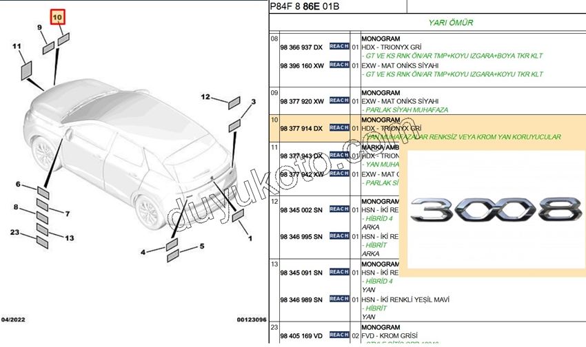 YAZI 3008 ON KAPUT P30082 KROM