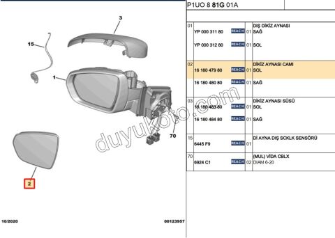 Peugeot 3008 5008 Dikiz Ayna Camı Sol 2016/2020