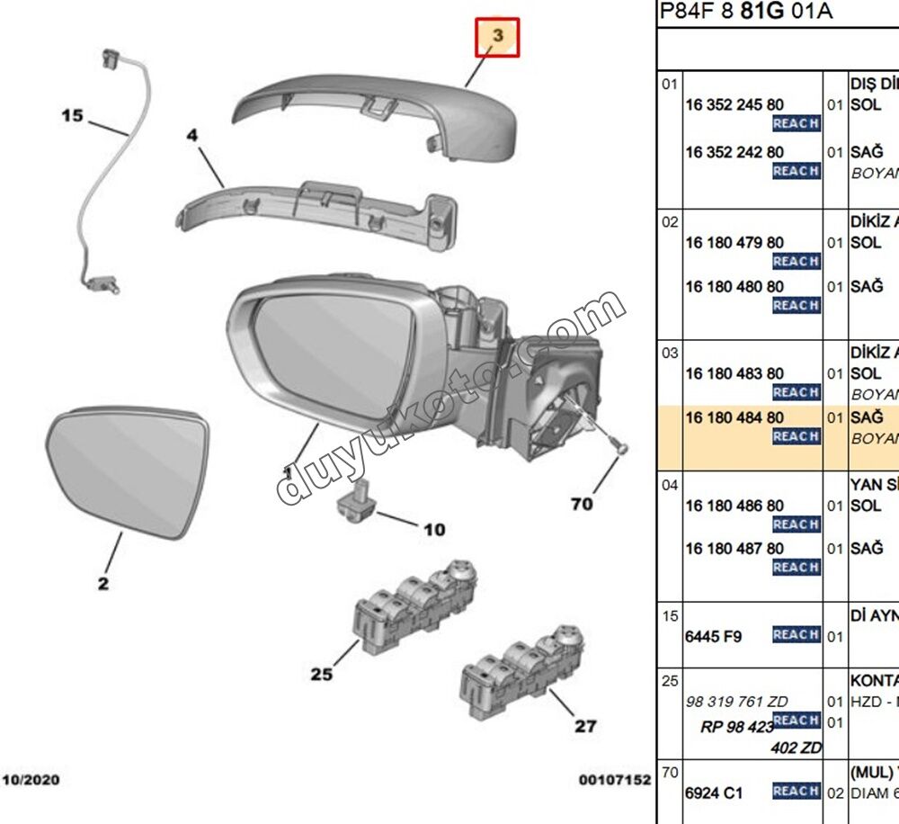 Peugeot 3008 5008 Citroen C5 Aircross Dikiz Aynası Kapağı Sağ GRDX 2016/2022