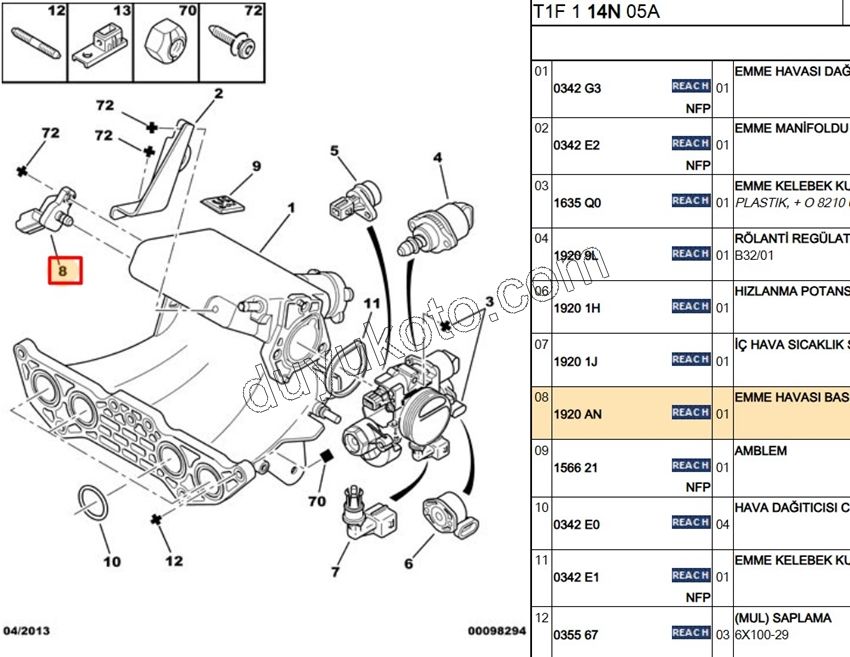 Basınç Sensörü Emme Borusu  TU3 TU5 EW10 XU10 EW12J4 9631813680