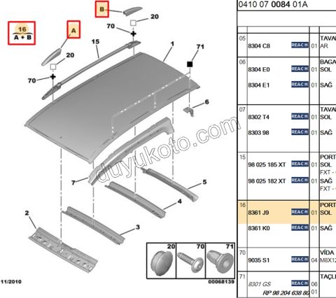 Tavan Çıtası Kapağı Sol Ön + Arka PRT3