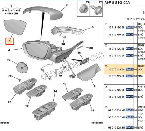 Peugeot 208 2008 Citroen C3 Aircoss Dikiz Ayna Camı Sol (Rezistanslı) 2013/2021