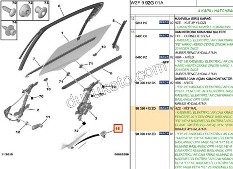 Arka Cam Açma Anahtarı Sağ/Sol P508 MISTRAL
