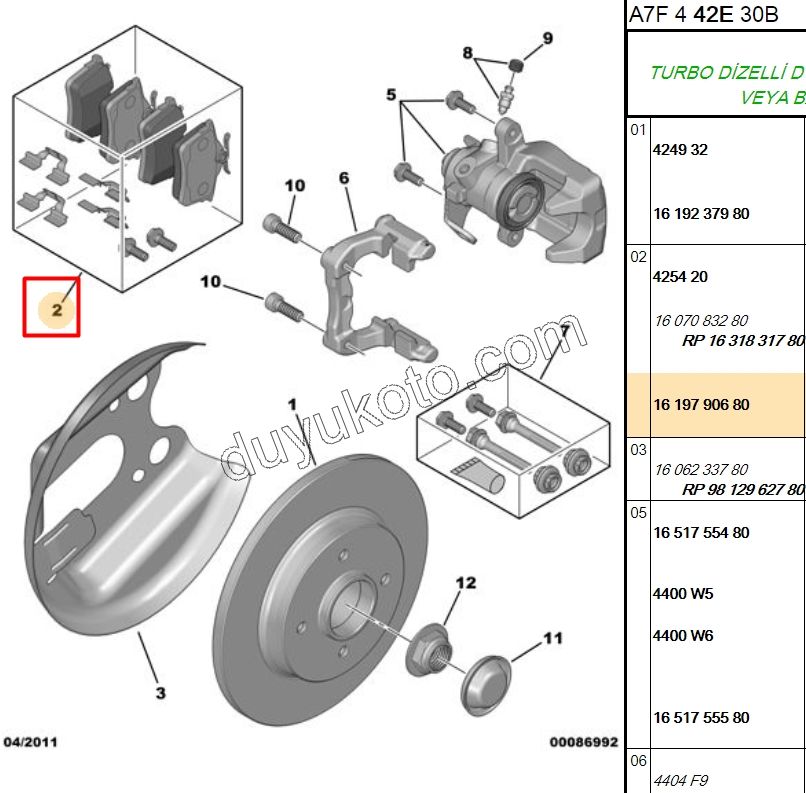 Fren Balatası Arka Tk P207SW CC C3PC1