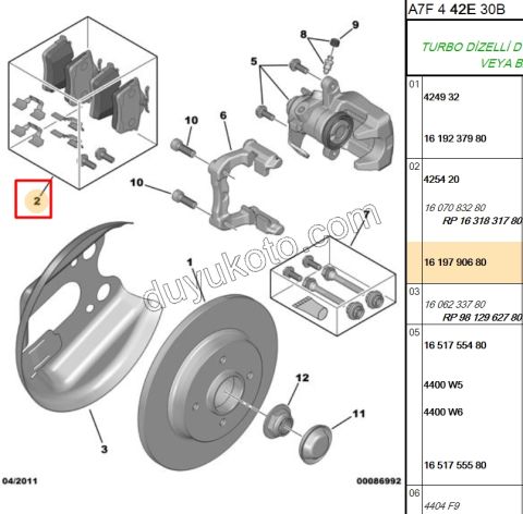 Fren Balatası Arka Tk P207SW CC C3PC1