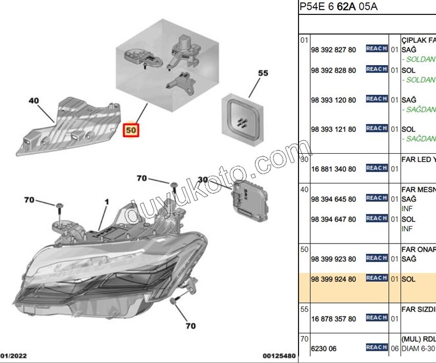 Peugeot 408 Far Tamir Takımı Sol 2023 Sonrası
