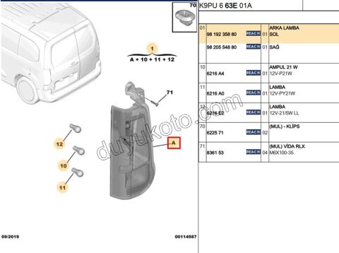 2019> Partner Rifter Berlingo Combo Doblo Proace City Stop Lambası Sol (Bagaj Kapak Çift)