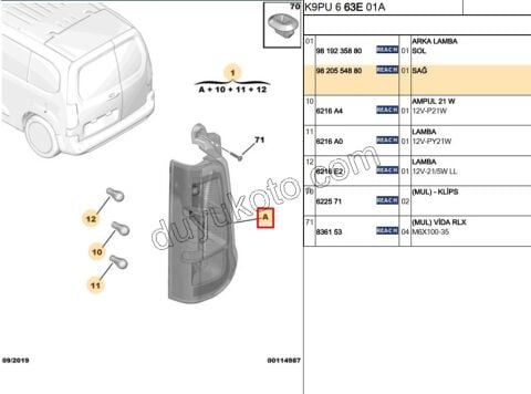 2019> Partner Rifter Berlingo Combo Doblo Proace City Stop Lambası Sağ (Bagaj Kapak Çift)