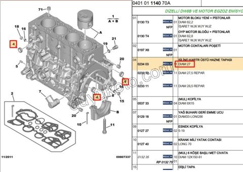 PEUGEOT CITROEN BLOK TAPASI  27MM 1.9D DİZEL 1.4 BENZİNLİ 1.6 16V BENZİNLİ 2.0 DİZEL