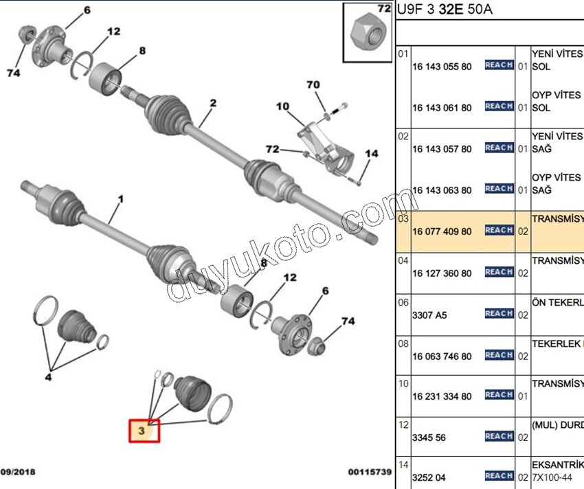 Aks Mili Dış Körüğü (Teker Tarafı)   BXR3 DCT3