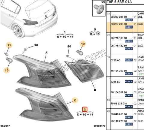 Peugeot 308 Stop Lambası Sağ Dış (Çamurlukta) Füme 2017/2021