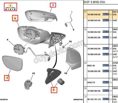 Peugeot 301 Dikiz Aynası Sol Elektirikli (Kapaklı Astarlı) 2012/2016