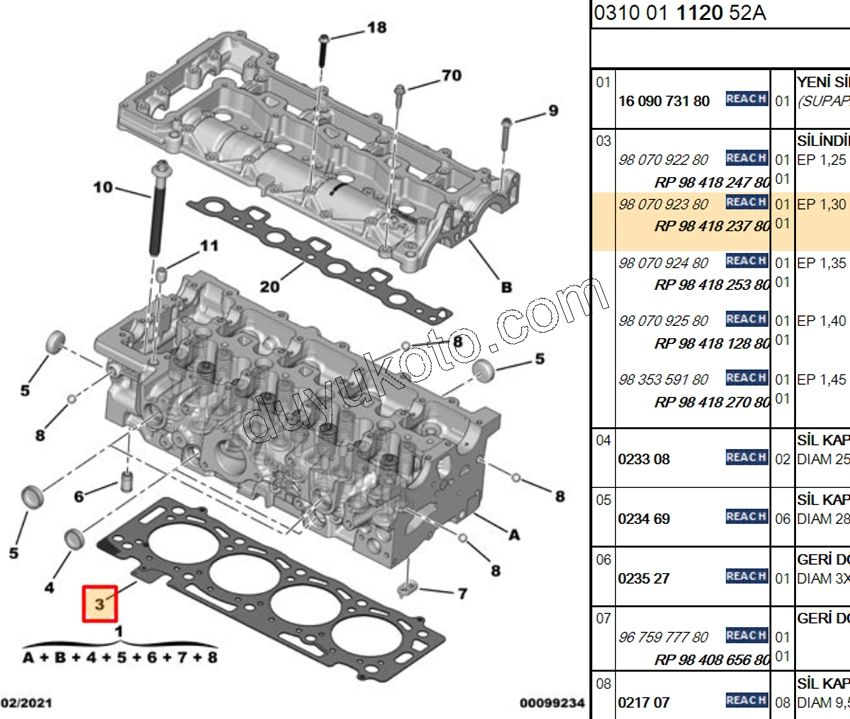 CONTA SILINDIR DW10F DW12R 1.30MM 2 DELIK