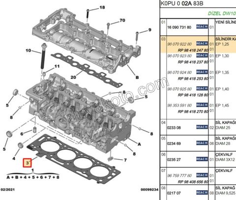 CONTA SILINDIR DW10F DW12R 1.25MM 1 DELIK