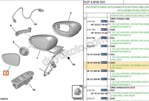 Peugeot 508 Dikiz Ayna Camı Sağ KOR SENS+ 2011/2014
