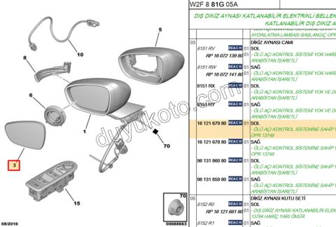 Peugeot 508 Dikiz Ayna Camı Sol KOR SENS+ 2011/2014