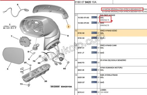 Citroen C3/C4 Picasso Dikiz Ayna Kapağı Sol KROM 2007/2017