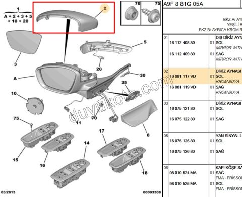 Citroen C3 Peugeot 208 2008 Dikiz Ayna Kapağı Sol (Krom) TK 2012/2020