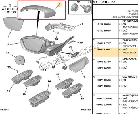 Citroen C3 Peugeot 208 2008 Dikiz Ayna Kapağı Sağ Krom TK 2012/2020