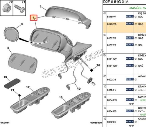 Dikiz Aynası Sağ P4071 KAPAK+ 1SOKET 6 KABLO