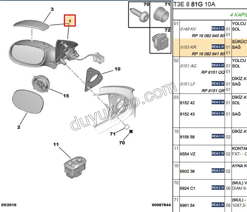 Peugeot 206 Dikiz Aynası Sağ ELEK+ AST+ 1998/2003