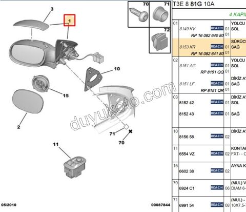 Peugeot 206 Dikiz Aynası Sağ ELEK+ AST+ 1998/2003