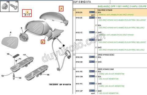 Peugeot 407 Dikiz Aynası Sol  2009> FOLD YOK AST KAPAK+ MAVI CAM+