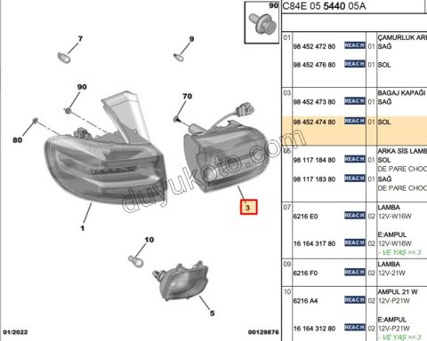 Citroen C5 Aircross Stop Lambası Sol İç (Bagaj Kapağı) 2022 SONRASI