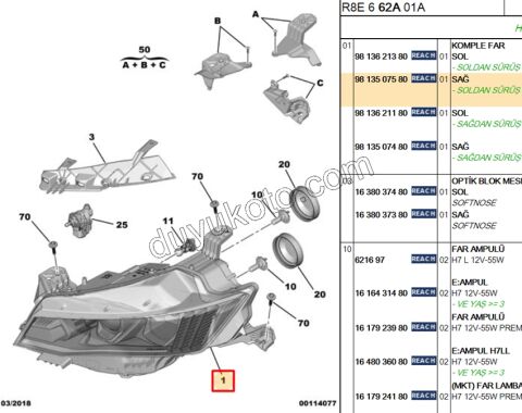 Peugeot 508 Far Sağ HALOJEN 2019/2023