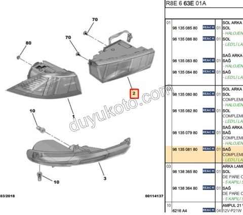 Peugeot 508 Stop Lambası Sağ İç (Bagaj Kapağı) (Ledli) 2019/2023