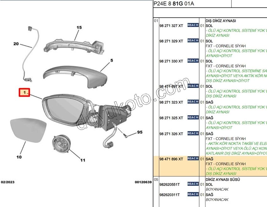 Peugeot 2008 Dikiz Aynası Sağ Elektirikli Katlanırlı CORNELIA 2019/2023