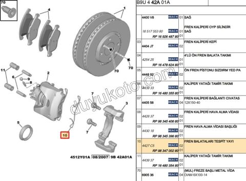 Ön Fren Balatası Kilit Teli PRT P2081 P407 P308 RCZ P30081 P5008
