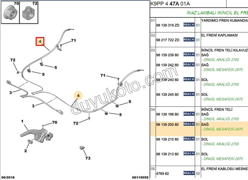 2019> Partner Rifter Berlingo Combo Doblo Proace City El Fren Teli Sağ 2975MM
