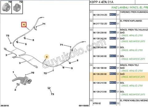 2019> Partner Rifter Berlingo Combo Doblo Proace City El Fren Teli Sağ 2975MM